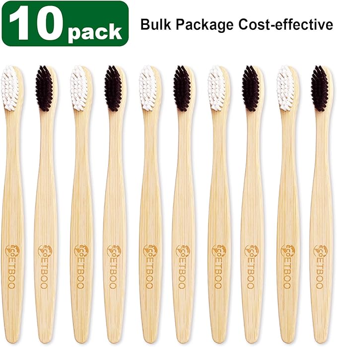Bamboo Toothbrushes Medium Bristles for Adult, 10 Pack Family Bulk Toothbrushes Set Natural Organic Wooden Tooth Brush Charcoal Wood Handle Tooth Cleaning Brush Black White