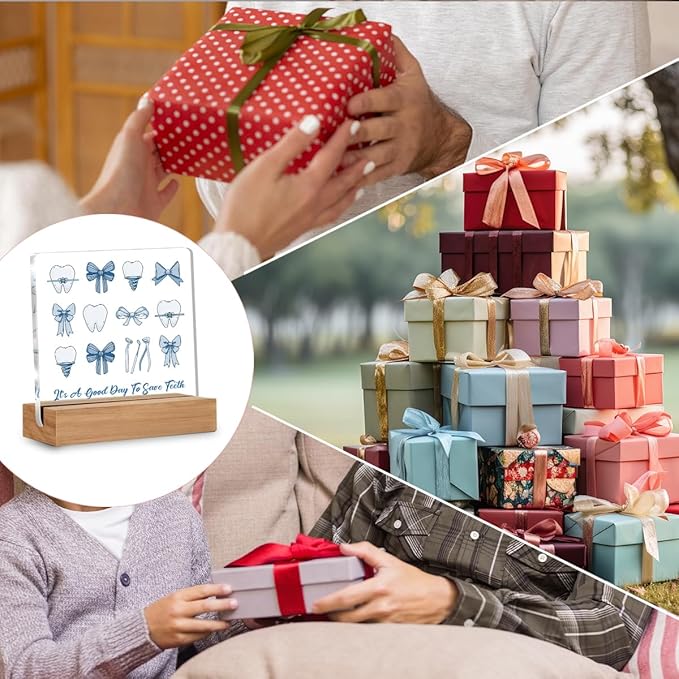 Dental Hygienist Gifts, Dentist Gift for Women, Dental Assistant Accessories Acrylic Plaque Gifts, Blue Bow Coquette Dentist Office Desk Decor