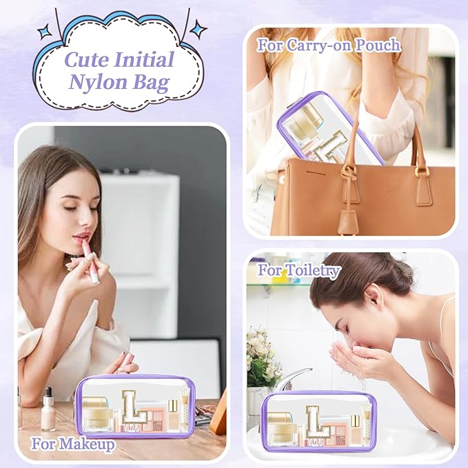 Small Clear Personalized Initial Makeup Bag,Nylon Preppy A-Z Chenille Letter Patch Cosmetic Pouch Beach Toiletry Bag,Waterproof Zip Travel Purse Storage Bag Organizer for Women Girls(Purple-White L)