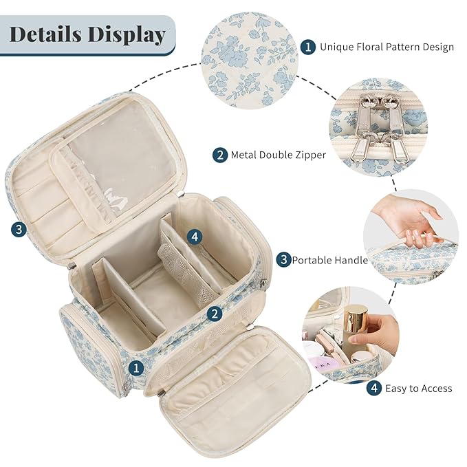 Large Cotton Makeup Bag, Quilted Floral Makeup Bag Organizer for Women Girls with Makeup Brush Compartment & Two Side Pockets, Cosmetic Travel Bag Vertical Storage- Blue Flower