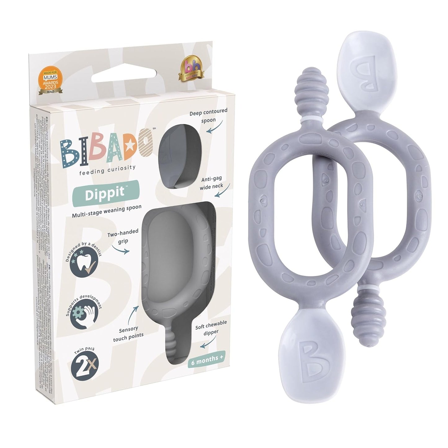 Bibado - Dippit Baby Spoon and Dipper, Mist (2-Pack) - Soft, Chewable Dipper & Deep Spoon - Two-Hand, Sensory Grip - Toddler Utensils - Baby Led Weaning Supplies - Baby Essentials - 6 Months+