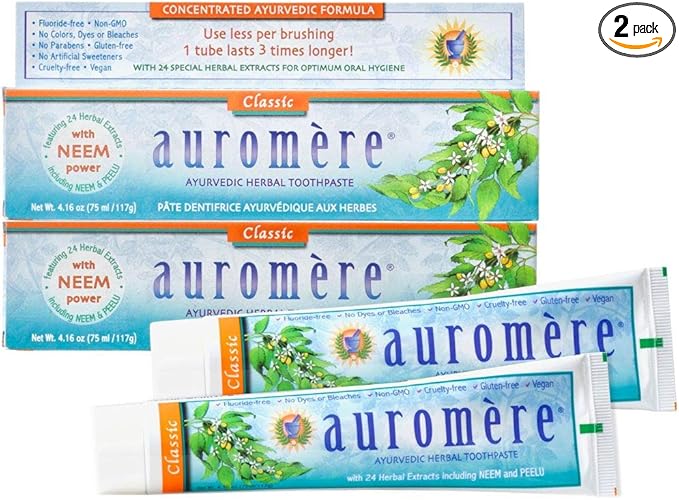 Auromere Ayurvedic Herbal Toothpaste, Classic Licorice Flavour - Vegan, Natural, Non GMO, Fluoride Free, Gluten Free, with Neem & Peelu (4.16 oz), 2 Pack