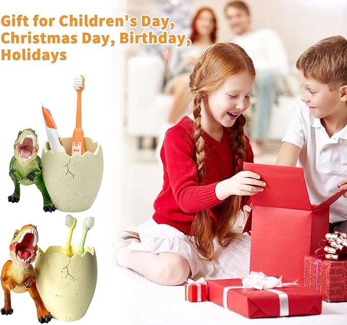 FlidRunest 2 PCS Dinosaur Kids Toothbrush Holders for Bathrooms - Cute Dino Toothbrush Holder - Easy to Clean Toothbrush and Toothpaste Holder - Dinosaur Bathroom Decor Accessories-Green+Orange