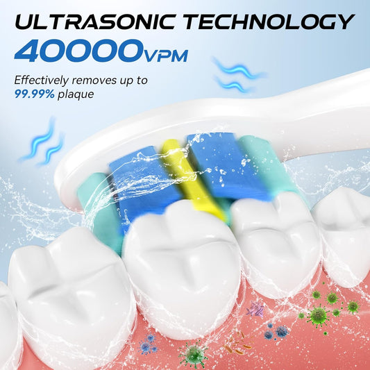 YUNCHI Electric Toothbrush for Adults & Kids, Rechargeable Electric Toothbrush with 8 Brush Heads, 5 Modes & 2 Minutes Smart Timer, Waterproof, One Charge for 30 Days, White