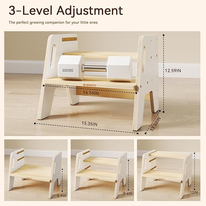 Wingyz Toddler Step Stool with Handles, Wooden Step stools for Kids, Durable 3-Level Height Adjustable Stepstool for Bathroom Sink, Kitchen, Bedroom,Potty Training
