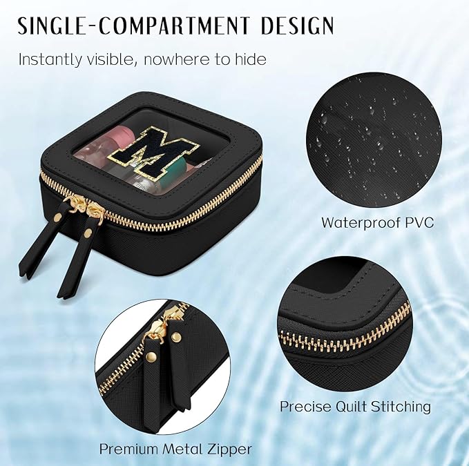 Initial Travel Toiletry Bag - Cosmetic Bags for Girls with Zipper, Clear & Potable Girls Makeup Bag for Travel, Small Cosmetic Pouch Perfect Gifts for Graduation (Black, M)