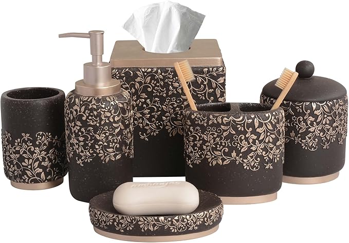 6-Piece Bathroom Accessories Set – Soap Dispenser, Toothbrush Holder, Tumbler, Soap Dish, Cotton Swab Jar & Toilet Brush – Modern Bathroom Decor Set (Stella)