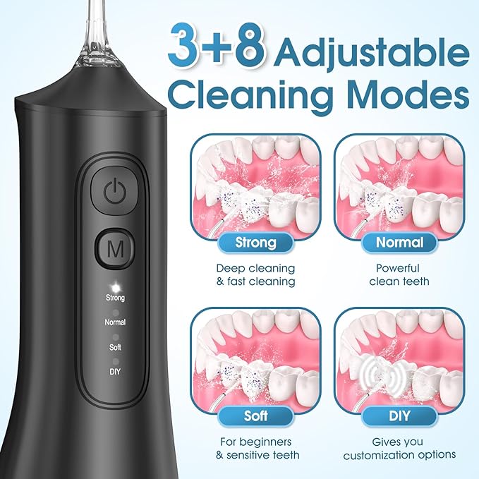 Water Flosser, Rechargeable 300ML IPX7 Waterproof Cordless Portable Oral Irrigator with 4 Modes & 6 Replaceable Jet Tips-Professional Flossing Cleaner for Daily Home Use,Travel,Gums,Braces Care(Black)