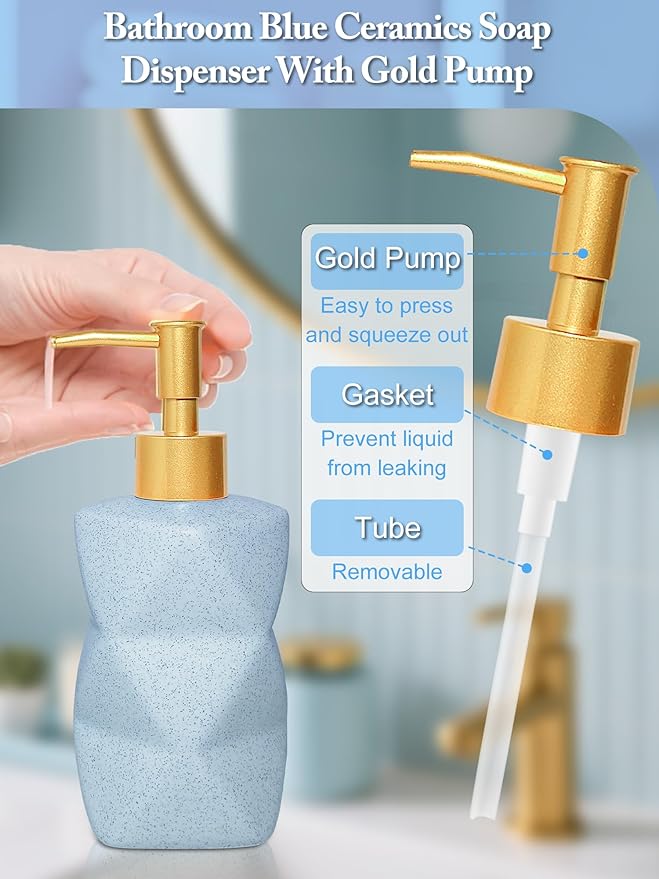 Bathroom Accessories Set,4 Pcs Bathroom Accessory Set,Includes Lotion Soap Dispenser,Toothbrush Holder,Tumbler,Soap Dish,Ceramic Bathroom Sets Complete,Bathroom Sink Set for Modern Home Decor(Blue)