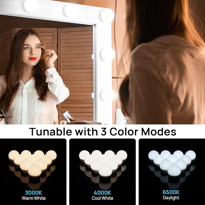 LED Vanity Lights For Mirror, Consciot Hollywood Style With 10 Dimmable Bulbs, Adjustable Color & Brightness, USB Cable, Stick on for Makeup Table Dressing Room Mirror