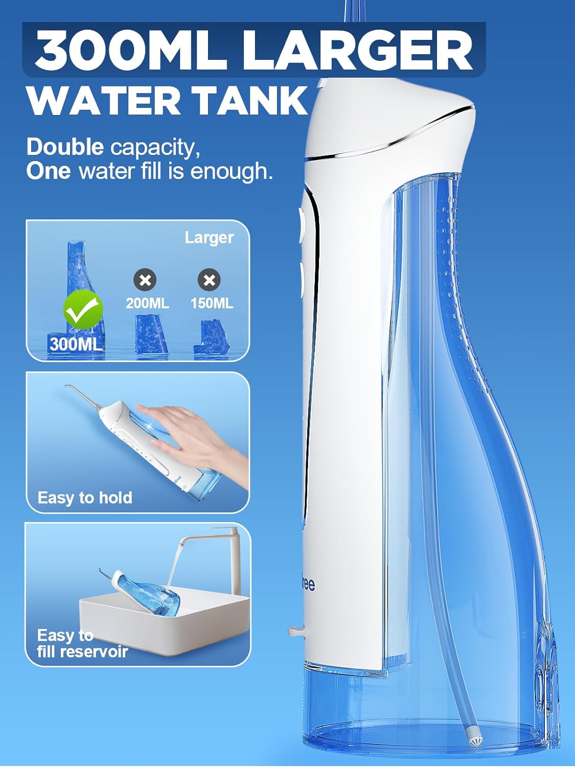 Oralfree Water Dental Flosser Cordless for Teeth Cleaning - 4 Modes Oral Irrigator 300ML Braces Flossers Cleaner, Rechargeable Portable IPX7 Waterproof Powerful Battery for Travel Home