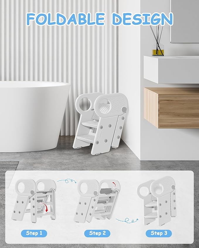 Foldable Step Stool for Toddlers, Adjustable 3 Step Stool for Bathroom Sink, Toilet Potty Training Stool with Handles, Child Kitchen Counter Bedroom Bed Stool Helper