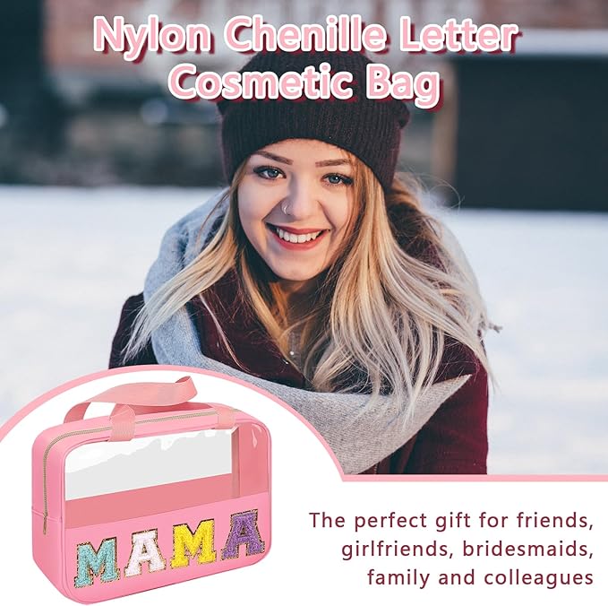 Iqimott Chenille Letter Patch Mama Bag, Preppy Clear Makeup Cosmetic Bag Large Toiletry Storage Tote Bag with Handle, Transparent Nylon Waterproof Organizer Zipper Pouch for Travel Women Girls(Pink)