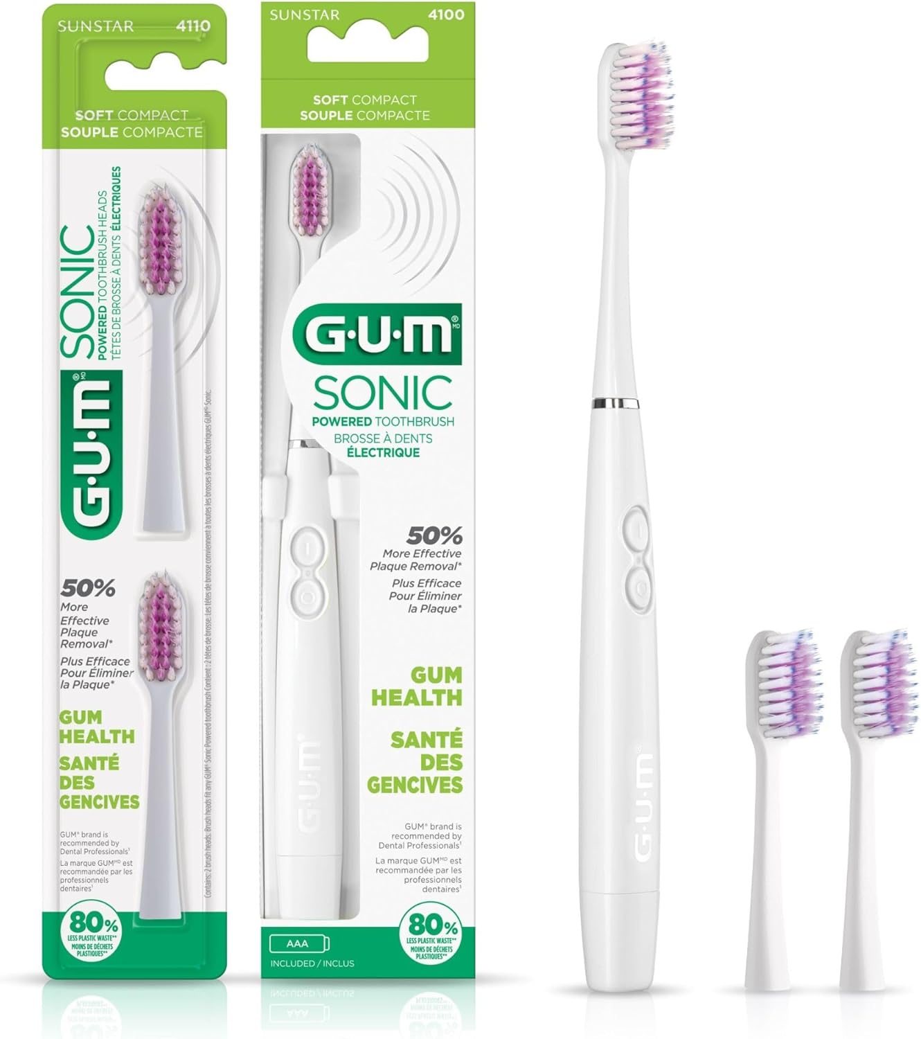 GUM Sonic Powered Toothbrush, Tapered Bristles Clean Below The Gumline, Bundle, White, 1 Handle(1ct) + 2 Refills(2ct. 1pk)