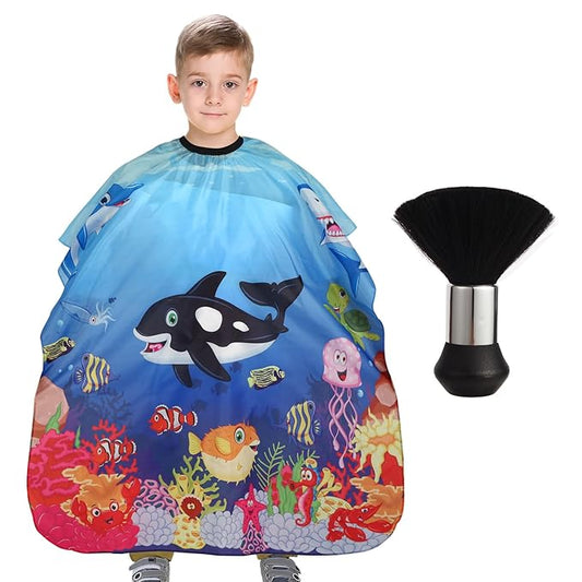 Kids Barber Cape with Neck Duster Brush, Professional Salon Hair Cutting Cape with Adjustable Snap Closure(Cartoon Sea Animals)
