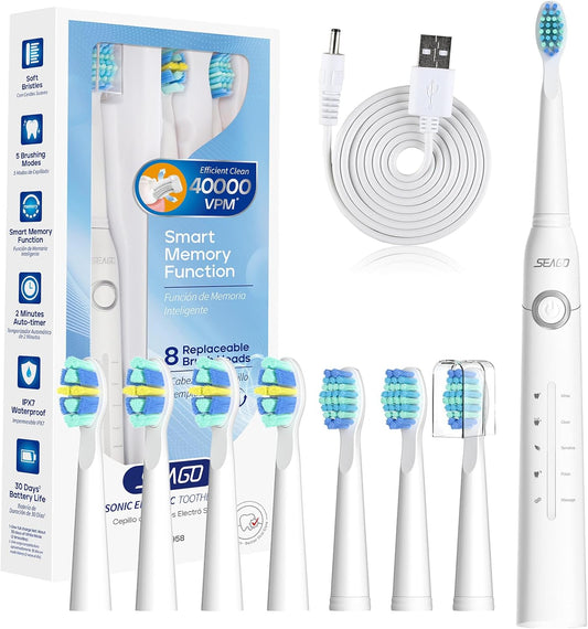 SEAGO Electric Toothbrush, Rechargeable Toothbrush for Adults Sensitive Teeth, 8 Brush Heads, 5 Modes with Teeth Whitening, Endurance 30 Days, Kids Electric Toothbrushes 6-12, SG-958(White)