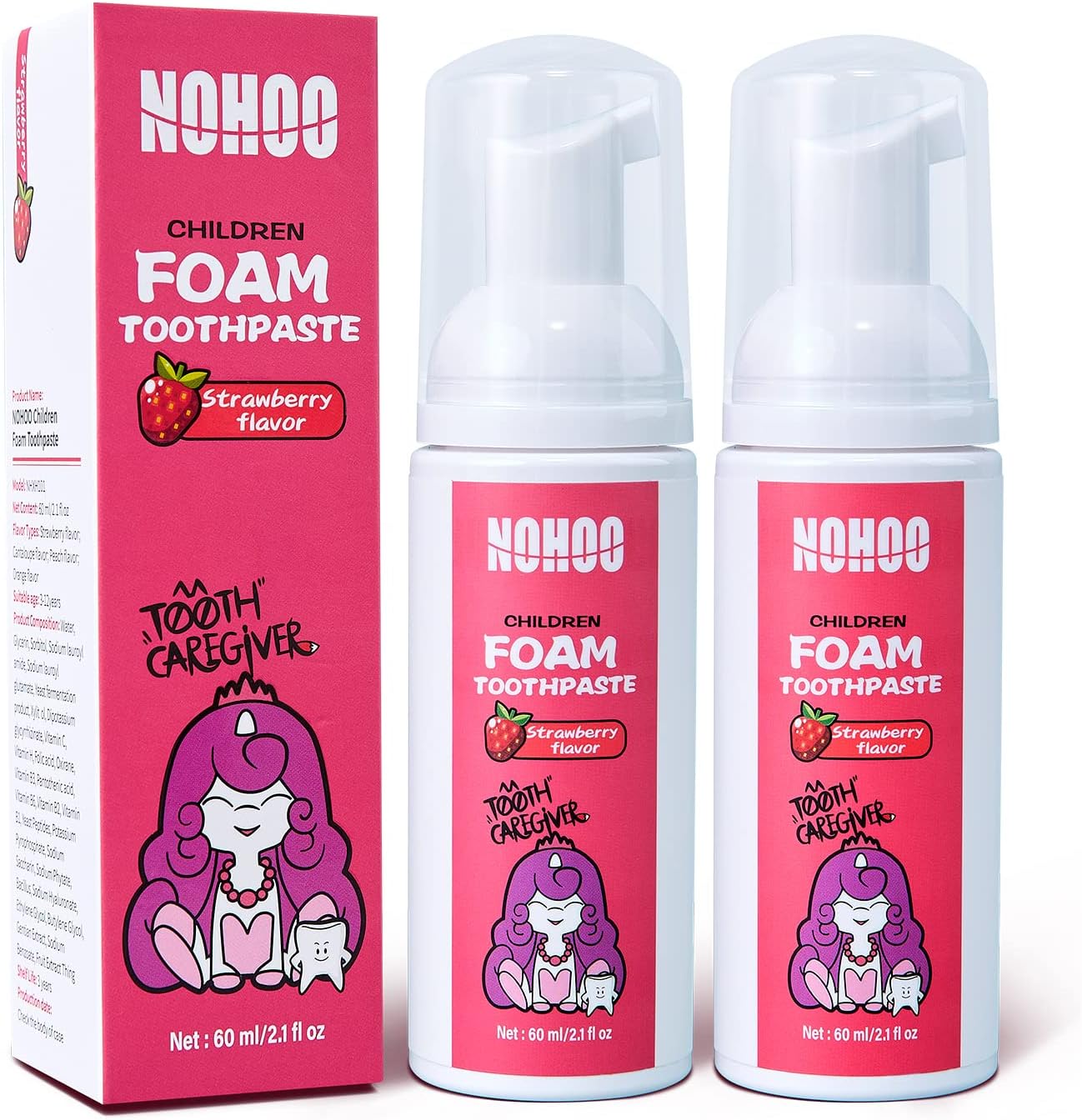 NOHOO Fluoride Free Foam Toothpaste Kids Strawberry,Natural Training Toothpaste for Baby Toddler Children Oral Cleaning and Cavity Protection(2 Pack)