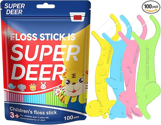 Super Deer Dental Floss Picks for Kids,4 Animal-Shaped Picks, Fluoride-Free, Fun Oral Care in Colorful Floss Sticks Design Ideal for Ages 3+, 100 Count (Pack of 1)