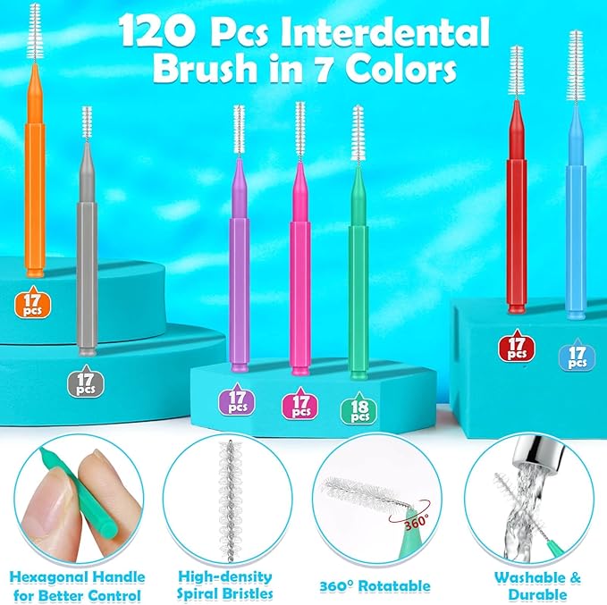 Modacraft 120Pcs Interdental Brush 7 Sizes Braces Brush Toothpicks with Soft Bristles 360° Bendable Floss Heads Dental Brushes Between Teeth Gum Braces Cleaning Kit Oral Tooth Cleaning Tool