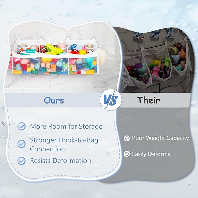 Criusia Extra Large Bath Toy Organizer with 3 Compartments and Multiple Pockets, Quick-Dry Mesh Bathtub Storage for Kids' Toys