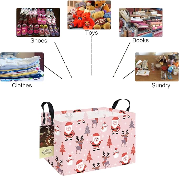 HUNRUNG Rectangle Storage Basket Cute Canvas Organizer Bin for Pet/Children Toys, Books, Clothes Perfect for Rooms/Playroom(REC-Pink Father Christmas)