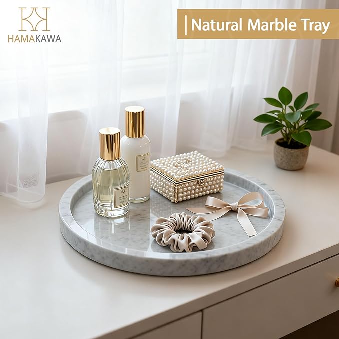 Bathroom Vanity Tray, Large Natural Marble Round Sink Tray 9.5 Inch, Carrara White Limestone Dresser Tray, Modern Countertop Organizer for Soap Dispenser, Kitchen Counter, Home Decor