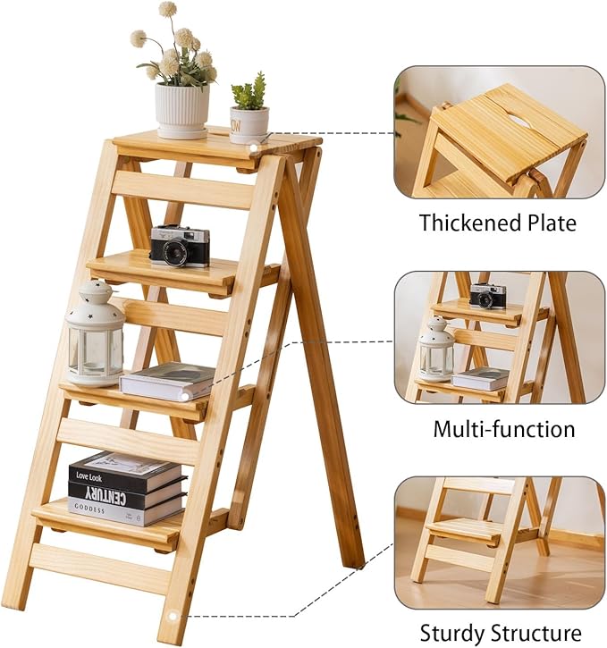 Latifolia Foldable 4 Step Ladder, Wooden Step Stool with Floor Saver, Decorative Ladder Shelf for Living Room, Kitchen, Garden(Nature)