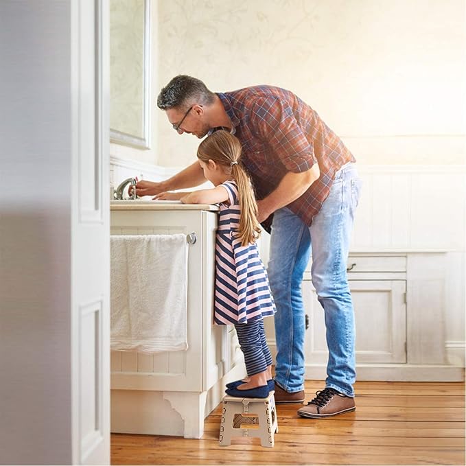 Dyforce Folding Step Stool 9 Inch, Kids Step Stool, Heavy Duty Step Stools for Adults, Compact Foot Stools, Light-Weight Toddler Step Stools for Kitchen, Bathroom, Holds Up to 300 lbs (Khaki)