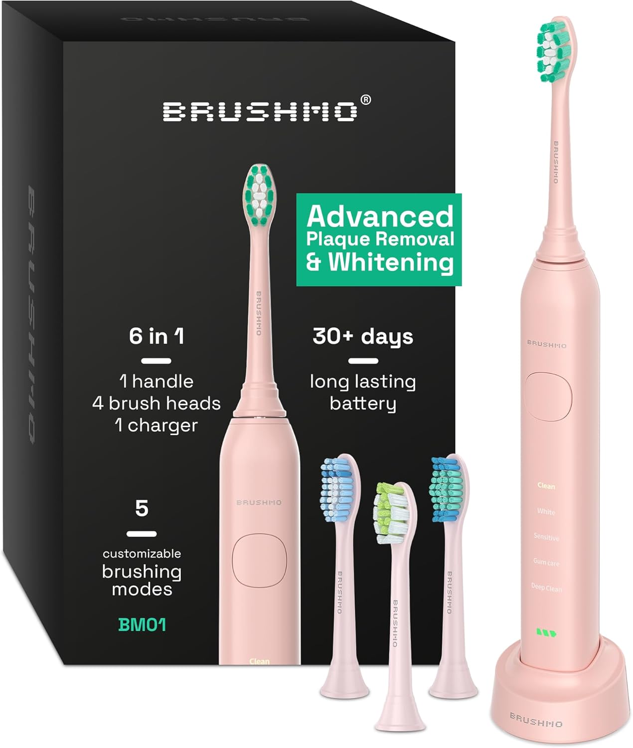 Brushmo Super Sonic Electric Toothbrush with 4 Replacement Heads - Rechargeable Electronic Tooth Brush for Adults with 5 Customizable Modes - IPX7 Waterproof & Long-Lasting Battery – Nova Pink