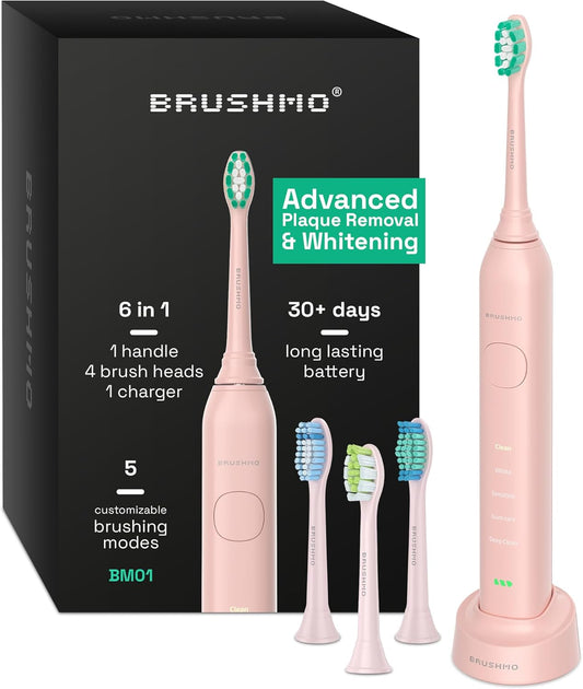 Brushmo Super Sonic Electric Toothbrush with 4 Replacement Heads - Rechargeable Electronic Tooth Brush for Adults with 5 Customizable Modes - IPX7 Waterproof & Long-Lasting Battery – Nova Pink