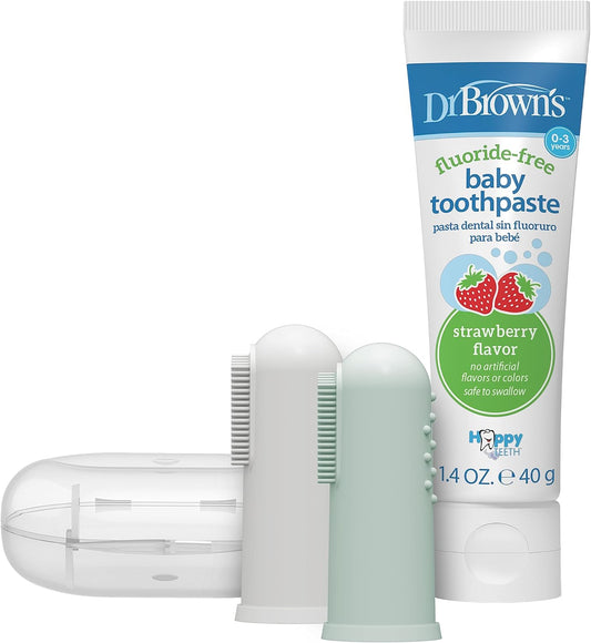 Dr. Brown's 100% Silicone Baby Finger Toothbrush and Toothpaste Set, 2-Pack Toothbrush with Storage Case, Fluoride-Free Strawberry Toddler Toothpaste, Gray & Light-Green