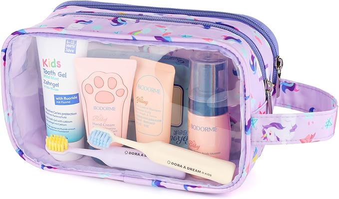 Kids Toiletry Bag for Girls, Travel Clear Toiletry Bag for Little Young Girls Cosmetic Bag Makeup Bag Waterproof Hanging Toddler Wash Bag, Purple Unicorn