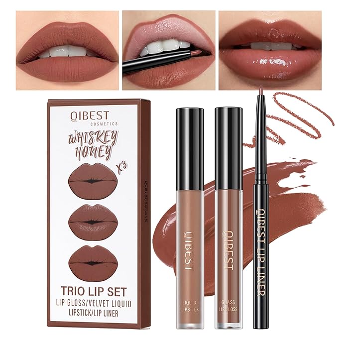 MAEPEOR All In One Lip Kit 3 In 1 Smooth Lipliner Lipgloss and Lipstick Set with Matte Velvet Liquid Lipstick Hydrating Moisturizing Lip Gloss and Creamy Lip Liner (Kit 05, Whiskey Honey)