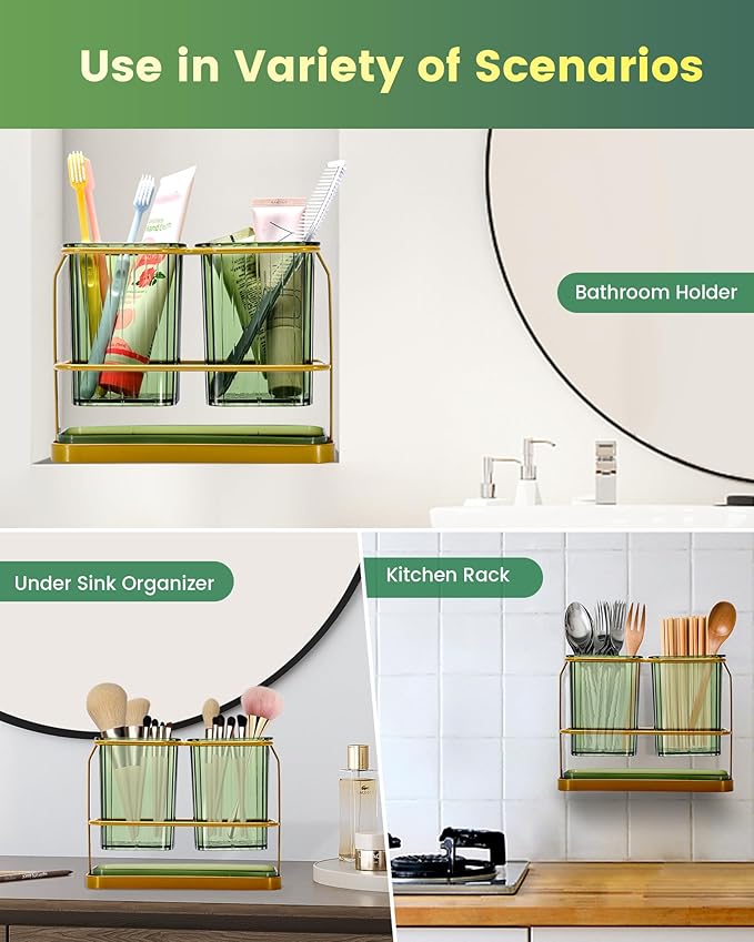 KONE Green Toothbrush Holders for Bathrooms, 2 Cups Toothbrush Holders Wall Mounted, Dry & Wet Separation, Bathroom Organizers and Storage, Bathroom Toothbrush Holder Set for Family Kids