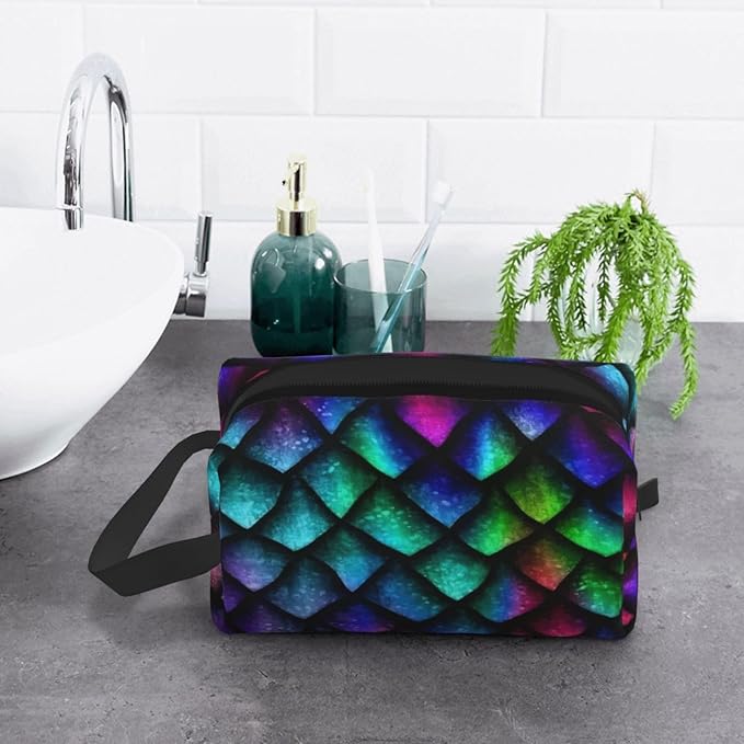 Colorful Dragon Scale Toiletry Bag for Women Men Portable Travel Wash Bag Waterproof Gym Shaving Toiletries Cosmetic Organizer Bag, Shower Bathroom Toiletries Accessories Makeup Bag with Handle