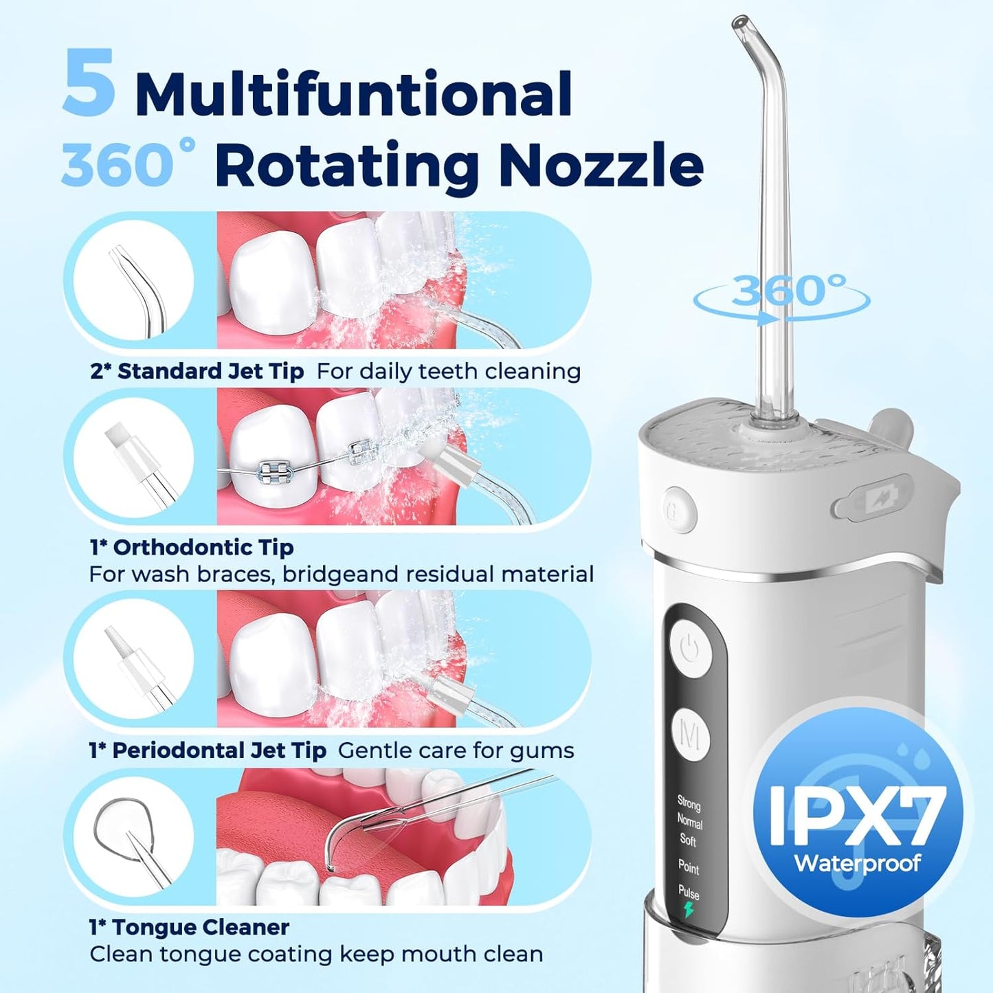 Portable Water Flosser for Teeth Travel – FOMIS Mini Water Flosser with 5 Mode, 5 Nozzles, 180ML Collapsible Tank, Smart Timer, IPX7 Waterproof Cordless Oral Irrigator for Brace & Sensitive (White)