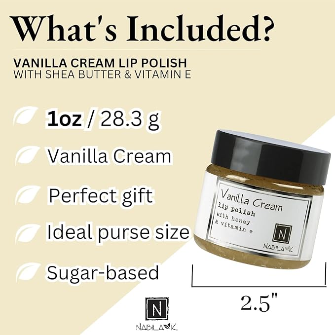 Vanilla Cream Lip Polish, 1 oz by Nabila K - Hydrating Lip Exfoliator & Moisturizer with Honey and Vitamin E for Dry and Chapped Lips - Cruelty-Free, Real Sugar, Made in USA