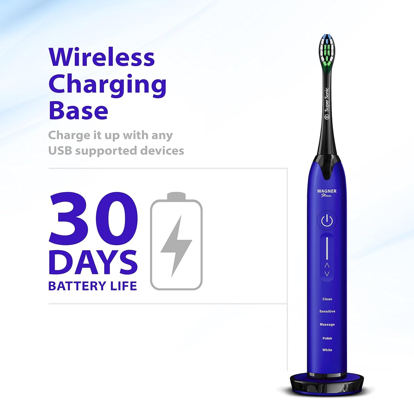 Wagner Stern Ultrasonic whitening Toothbrush with Pressure Sensor. 5 Brushing Modes and 4 Levels of Intensity, 8 Soft bristles, Travel case.