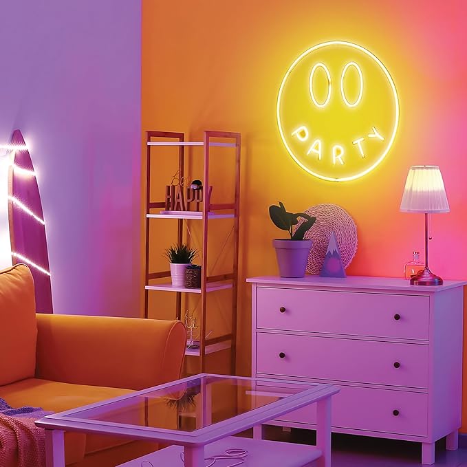 Party Smiley FACE NEON Wall Light, Smiley Face Shaped Yellow LED Light, Wall Decor, Perfect for Holiday & Birthday Gift, Party Decor, Yellow Party Smiley Face Sign for Kids Room