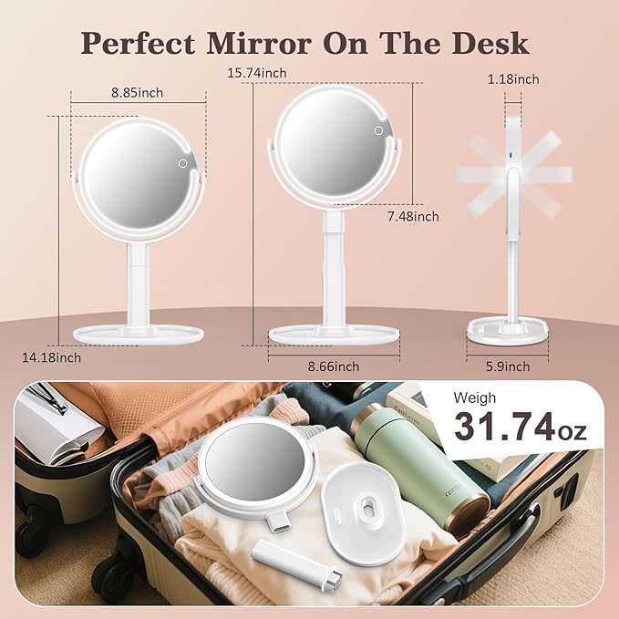 15X/1X Makeup Mirror with Lights, 4000mAh Vanity Mirror with 3 Lighting and Adjustable Brightness, 2-Sided Height Adjustable Lighted Magnifying Mirror, Make Up Mirror Gifts for Elder Women