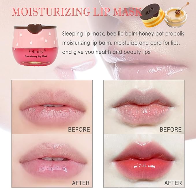 2 PCS Bee Lip Balm Lip Mask Honey Pot, Honey & Strawberry Lip Mask Propolis Moisturizing Lip Balm with Stick - Hydrating Prevention Dry and Cracked Lip Scrubs Exfoliato Lip Wrinkle Care