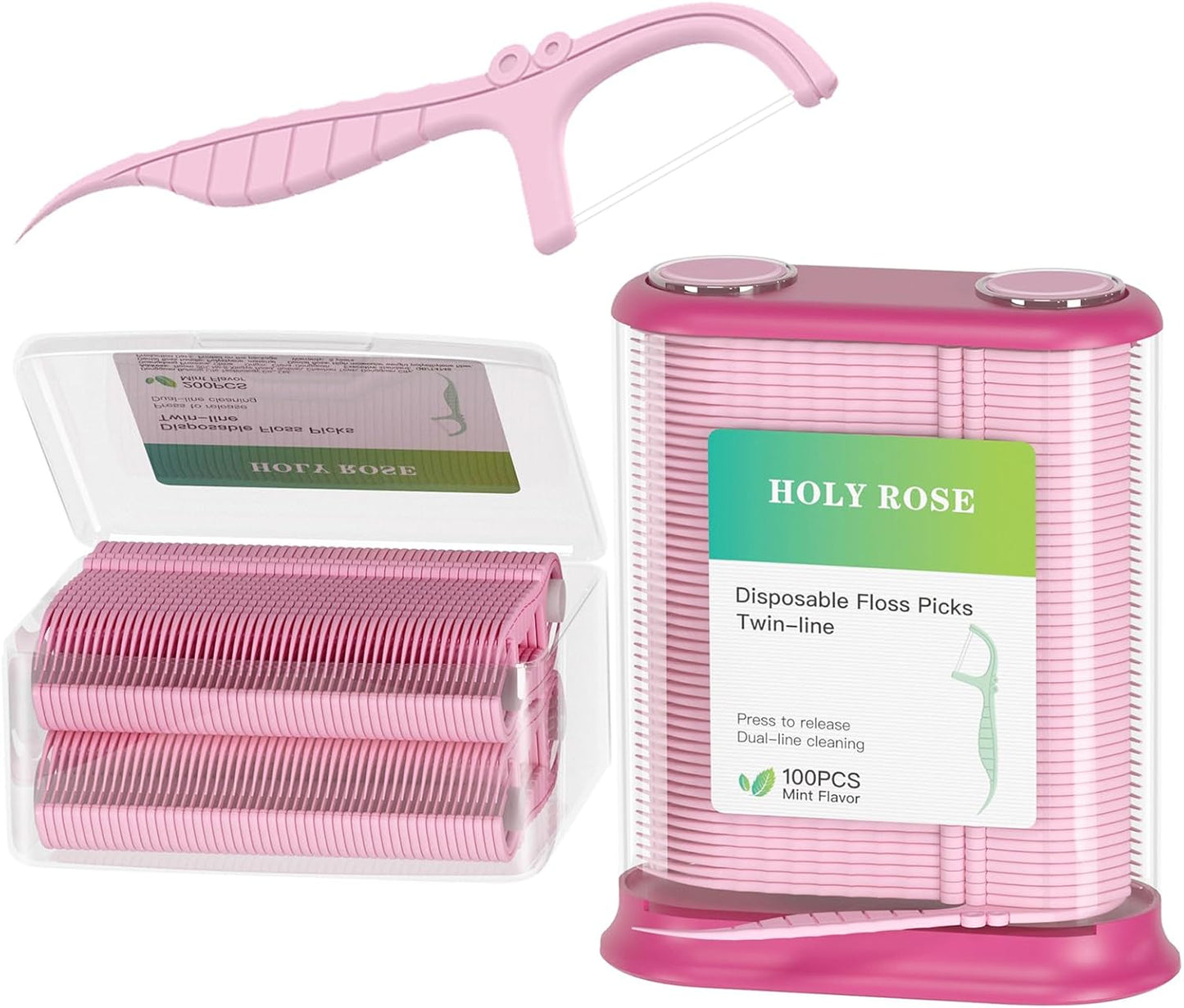 Holy Rose Dental Floss Dispenser with 100 Picks - Flossers Case with 200 Floss Sticks,Mint Flavored,Dual-Line Design,is Perfect Tool for Teeth Cleaning