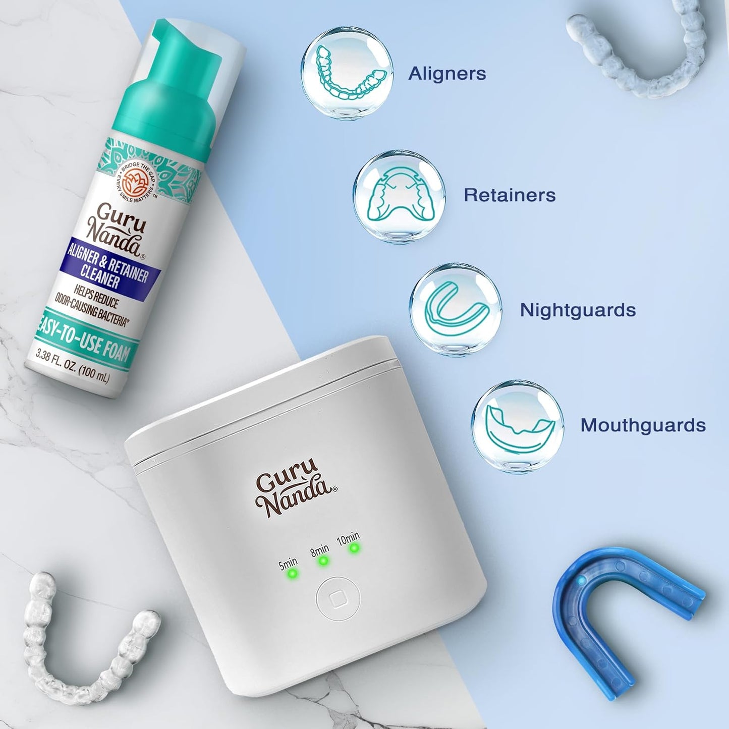 GuruNanda Retainer Cleaner Set – Ultrasonic & UV Cleaning Pod & Aligner Cleaning Foam, Deep Clean & Odor Neutralization for Retainers, Aligners, Dentures & Mouthguards