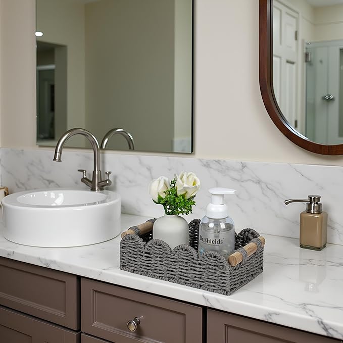 CubesLand Scalloped Decor Basket for Living Room, Home, Bathroom, 2SAME SIZE Paper Rope Basket, Toilet Storage Baskets for Over Toilet Storage Shelf, Cozy Woven Basket Both Storage&Decor, Grey