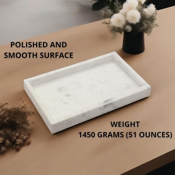 Natural White Marble Tray for Bathroom | Kitchen | Vanity | Desktop, Stone Organizer for Coffee Table, Dresser, Nightstand, Candles, Soap, Towel, Plant, Jewelry (12" x 8"), Rectangular