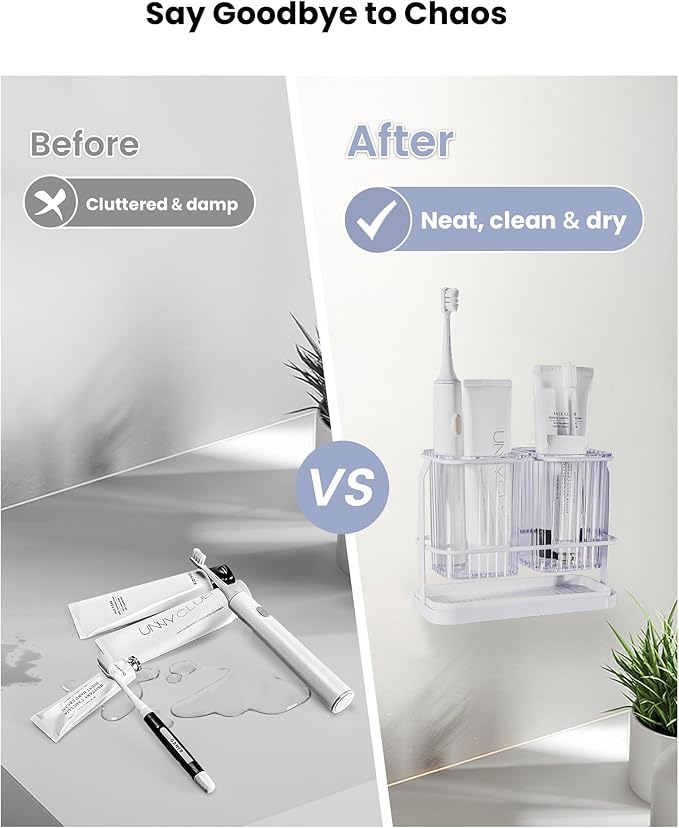 KONE Clear Toothbrush Holders for Bathroom, 2 Cups Wall Mounted, Dry & Wet Separation, Organizers and Storage Set for Family Kids