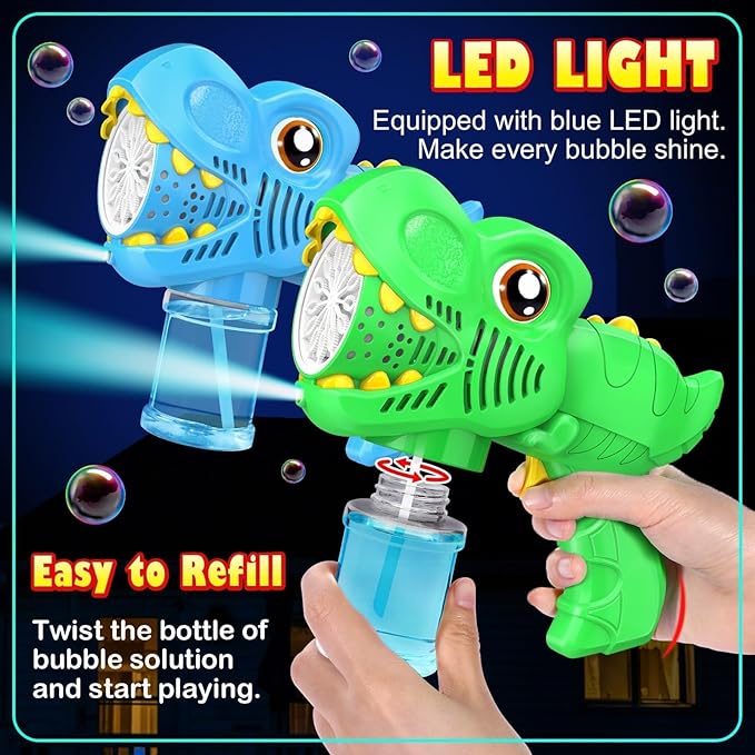 Kids Bubble Gun 2 Pack Dino Bubble Machine Gun for Toddlers with 4 Solutions Automatic 13-Hole Bubbles for Kids Blower Maker Easter Basket Essentials Stocking Stuffers Gift Party Favors for Boys Girls