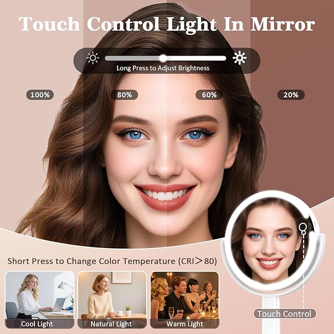 15X/1X Makeup Mirror with Lights, 4000mAh Vanity Mirror with 3 Lighting and Adjustable Brightness, 2-Sided Height Adjustable Lighted Magnifying Mirror, Make Up Mirror Gifts for Elder Women