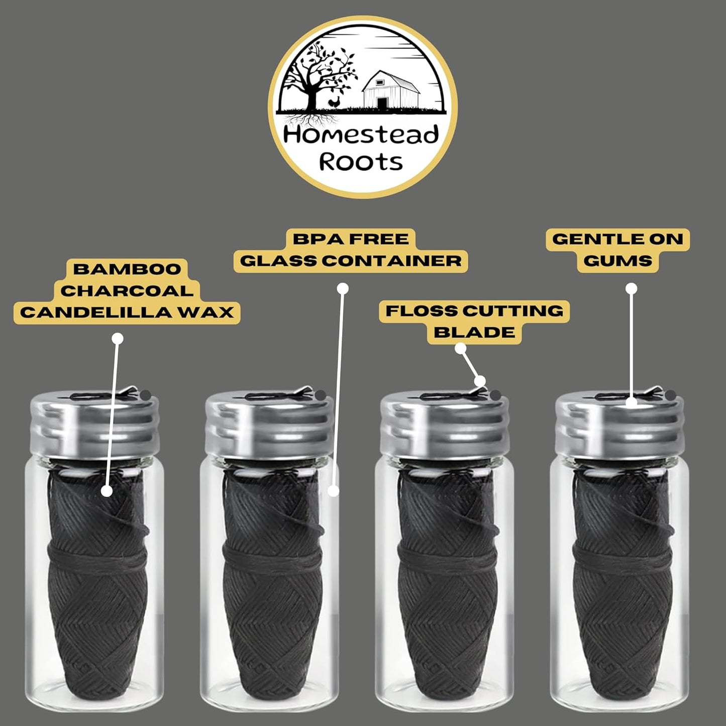 Natural Bamboo Dental Floss 4 Pack - Refillable Glass Containers (100 Feet Each) - Zero Waste, Vegan, Non Toxic, Extra-Strong Charcoal-Infused Floss