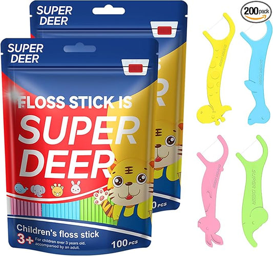 Super Deer Dental Floss Picks for Kids,4 Animal-Shaped Picks, Fluoride-Free, Fun Oral Care in Colorful Floss Sticks Design Ideal for Ages 3+, 200 Count (Pack of 2)